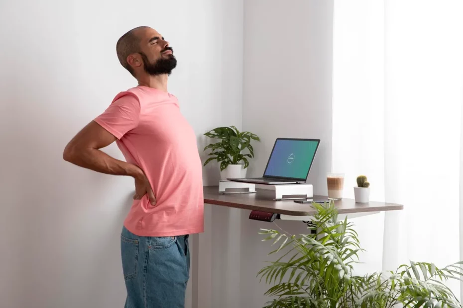Homem com dores nas costas enquanto trabalha de pé em uma mesa ajustável, com laptop e plantas no ambiente de trabalho.