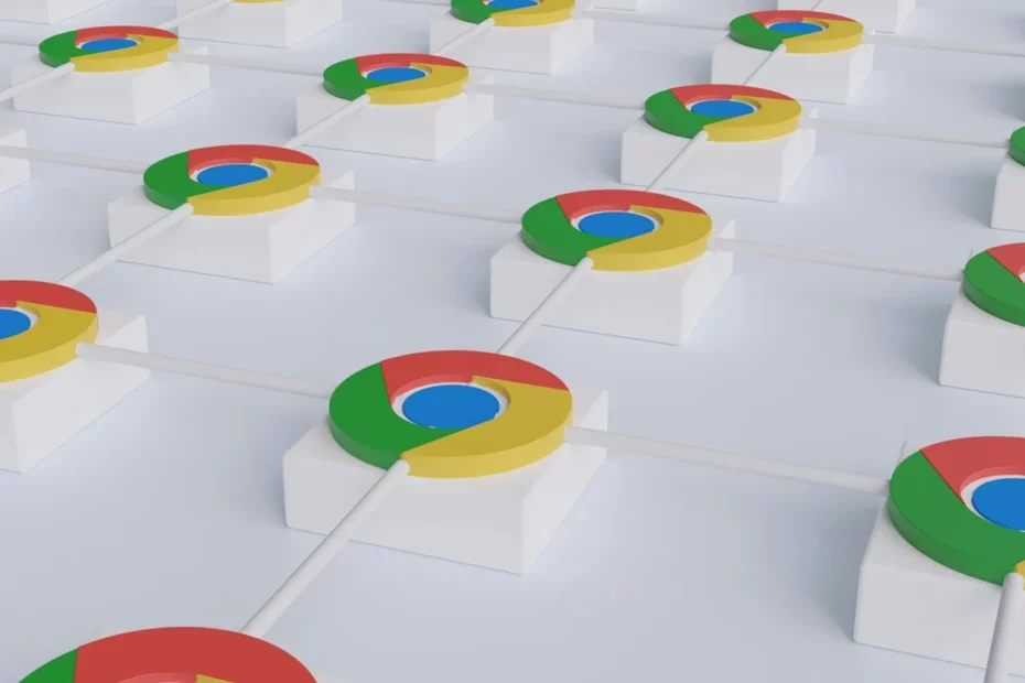 Várias extensões do Google Chrome conectadas entre si em uma rede com blocos brancos