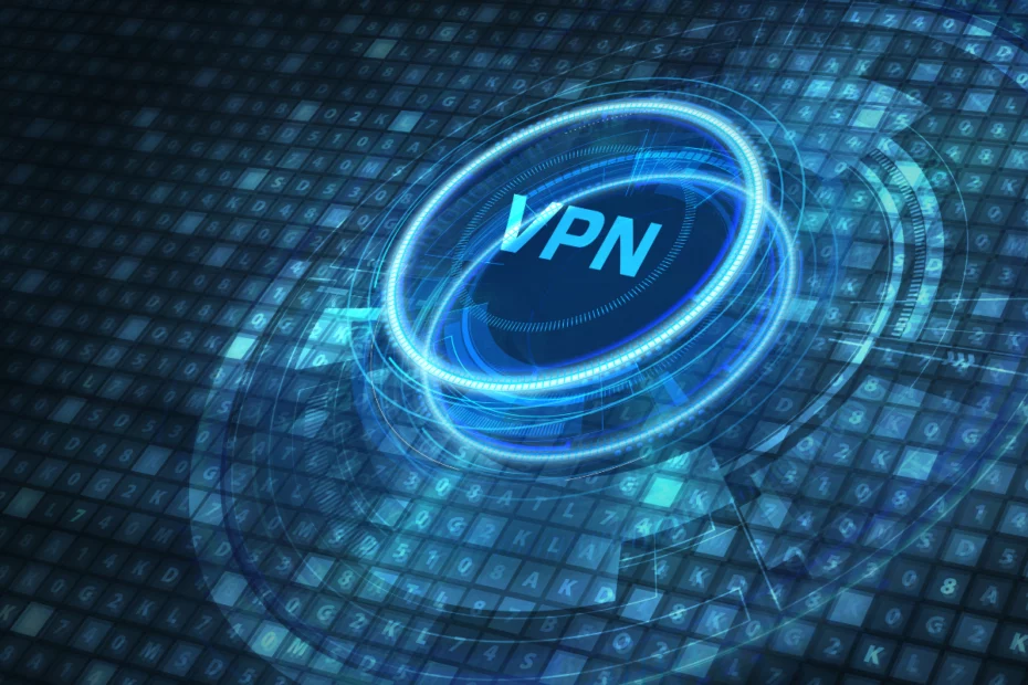 Ícone VPN digital com efeito futurista em azul sobre fundo tecnológico