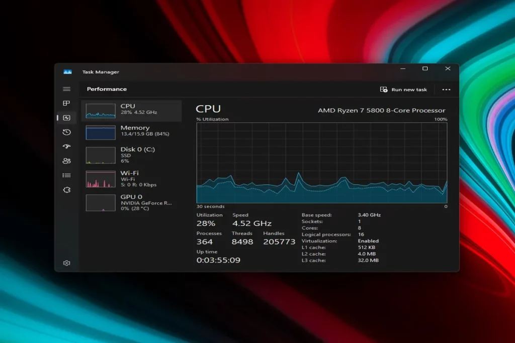 Tela do Gerenciador de Tarefas do Windows exibindo uso de CPU, memória, disco e GPU.
