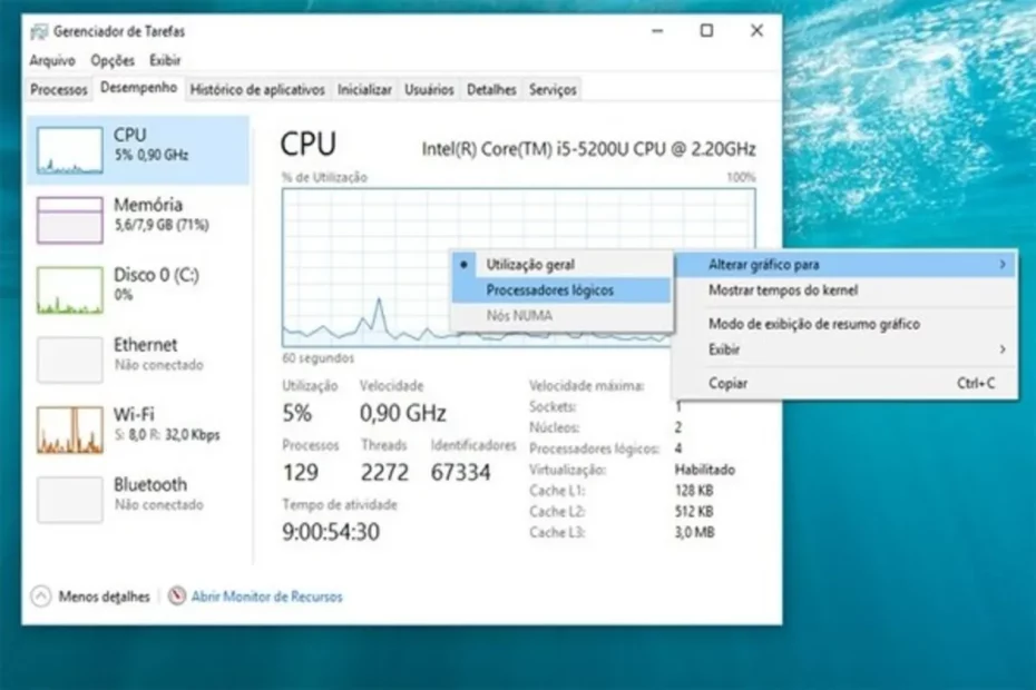 Gerenciador de Tarefas do Windows exibindo desempenho da CPU com menu de opções aberto.