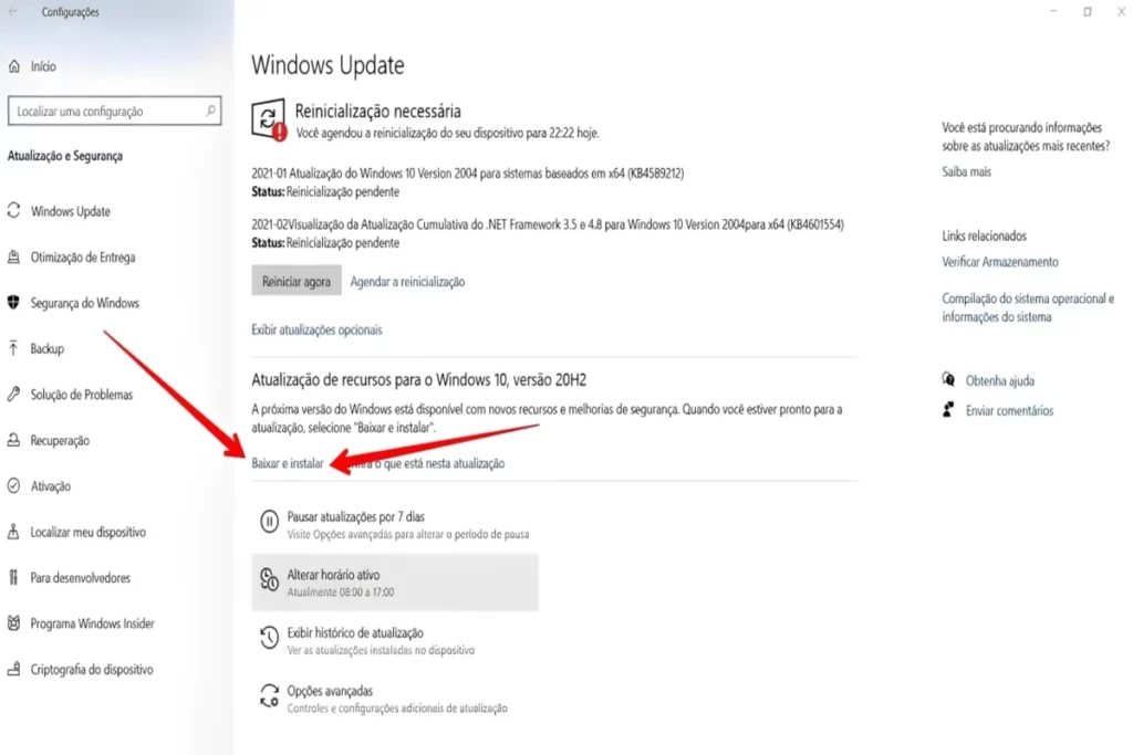 Imagem detalhada de uma tela de configurações do Windows, focada na seção de atualizações. Perfeita para tutoriais sobre como atualizar o Windows, resolver problemas de sistema, gerenciar reinicializações e garantir que o sistema operacional esteja sempre seguro e com os recursos mais recentes.