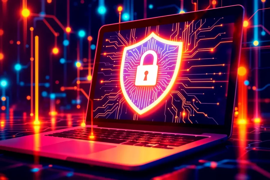 Laptop com tela exibindo um escudo de segurança digital e cadeado, simbolizando proteção cibernética, sobre um fundo de circuitos e conexões de dados