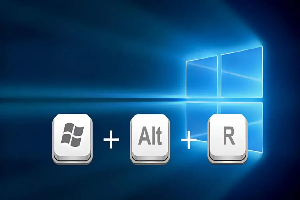 Combinação de teclas Windows + Alt + R sobre fundo do Windows 10 representando o atalho para iniciar gravação de tela