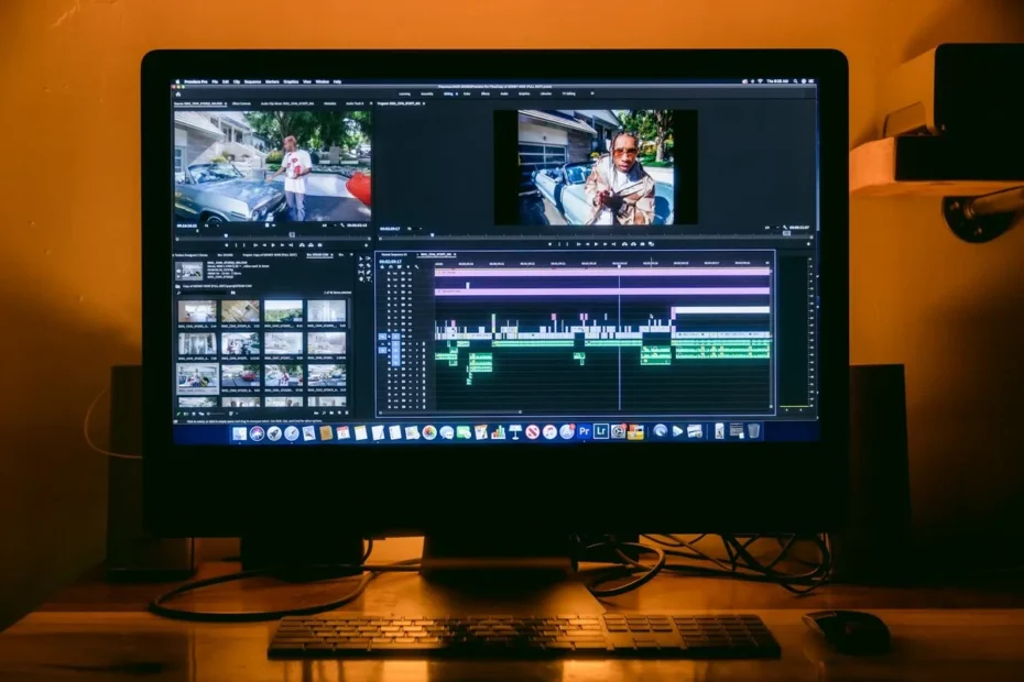 Tela de computador com software de edição de vídeo aberto mostrando linha do tempo e clipes organizados