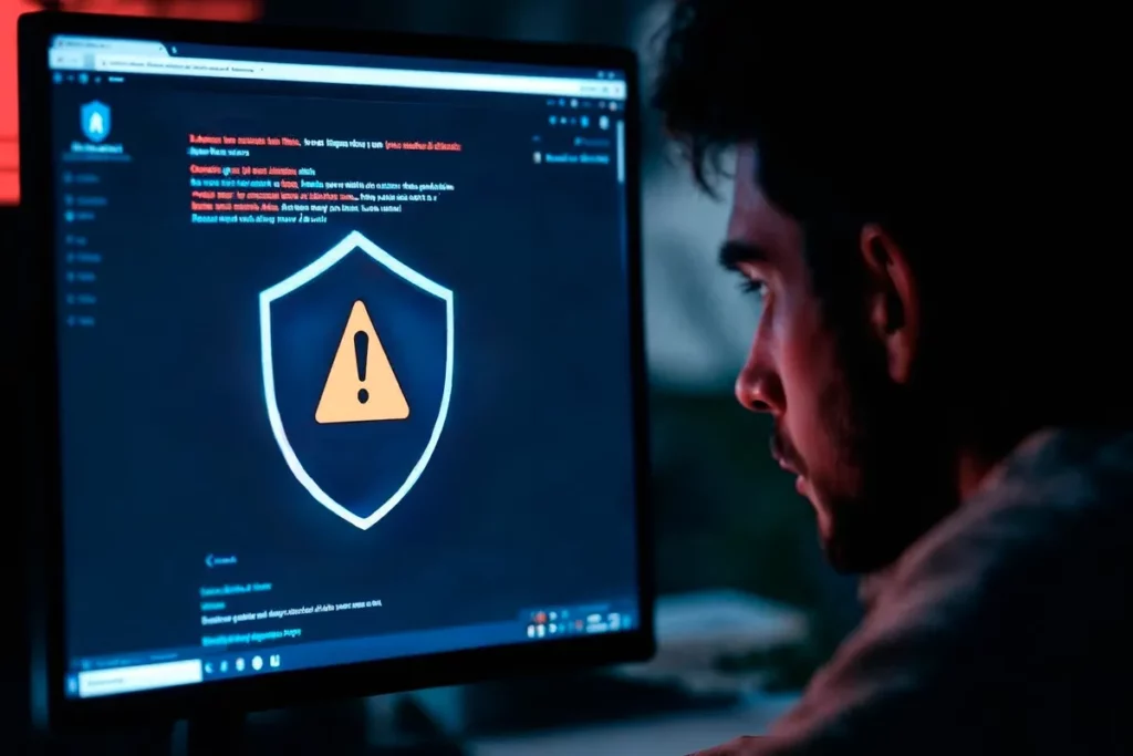 Homem preocupado olhando para a tela do computador exibindo um alerta de segurança com escudo e ícone de aviso, indicando risco cibernético