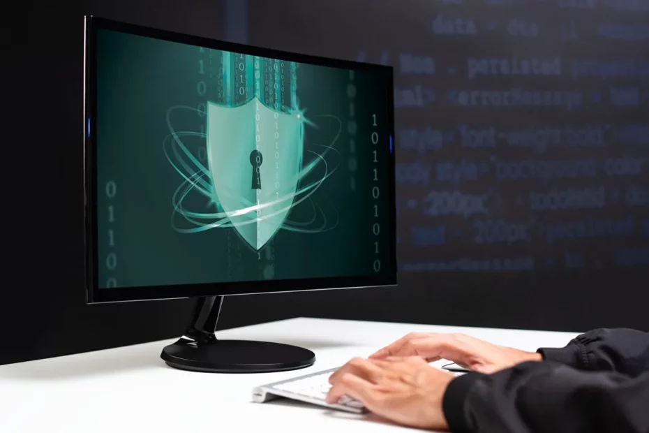 Tela de computador exibindo um escudo de segurança digital com um cadeado, simbolizando proteção de dados e antivírus, enquanto uma mão digita no teclado.