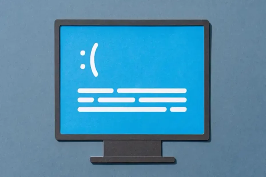 Ilustração de um monitor de computador exibindo uma tela azul com um rosto triste e linhas de texto, representando a 'tela azul do Windows' ou um erro de sistema.