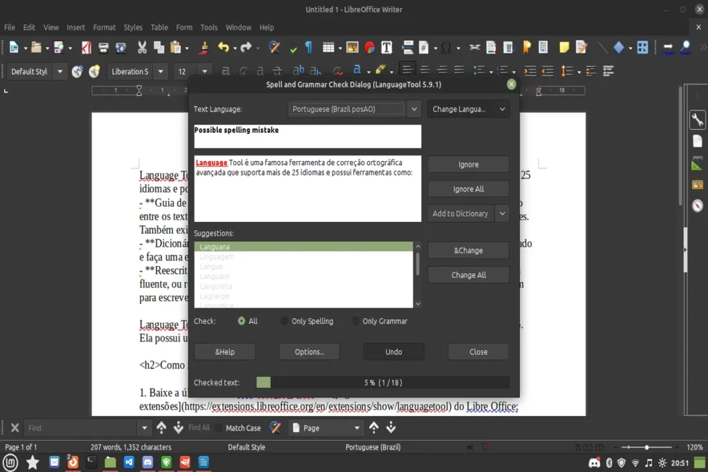 Captura de tela do software LibreOffice Writer no modo escuro, mostrando a caixa de diálogo "Spell and Grammar Check" do LanguageTool em ação, corrigindo uma palavra em um texto em português.