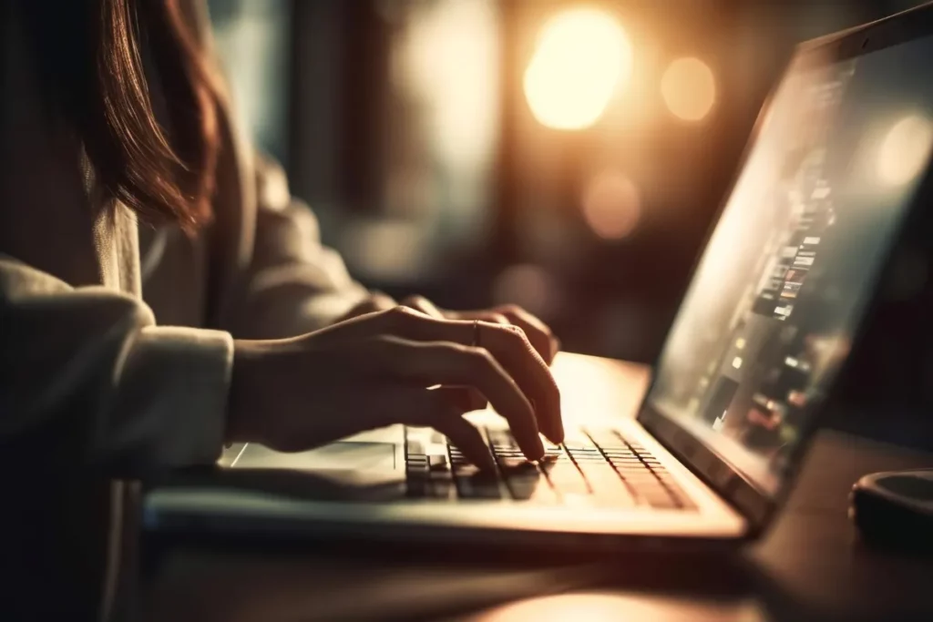 Mãos de uma mulher digitando em um laptop em ambiente escuro, com reflexos quentes, representando a prática de um teste de digitação sem acentos ou programação.