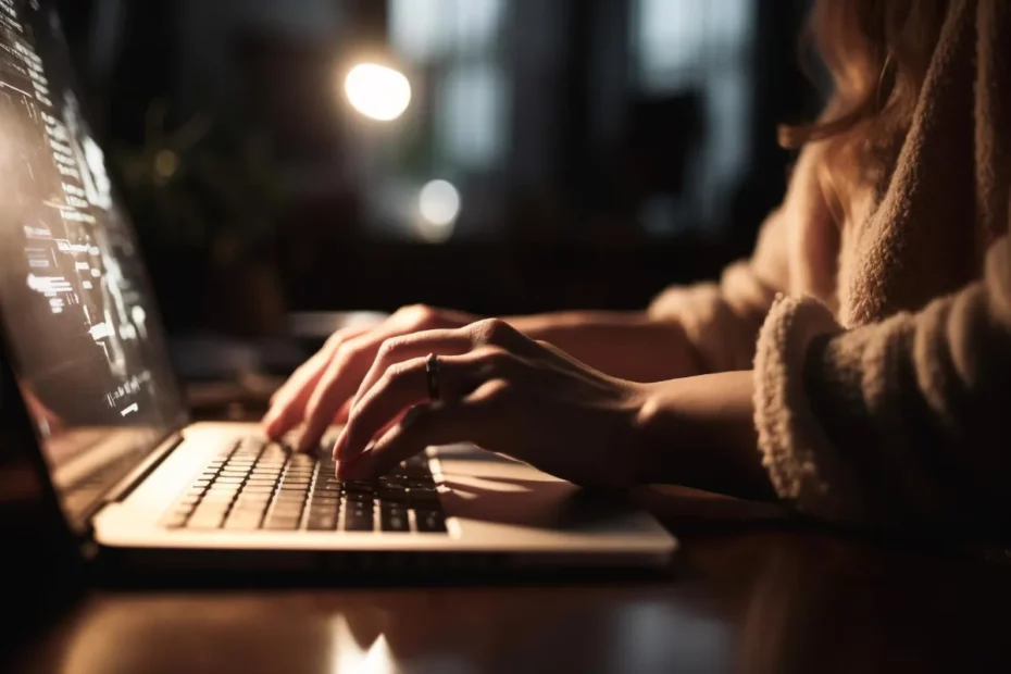 Mãos de mulher digitando em laptop com iluminação baixa, focada na tela que reflete luz, em um teste de digitação sem acentos ou trabalho noturno.