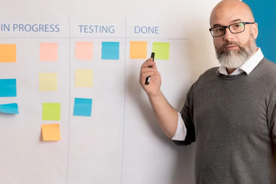 Homem do lado de um quadro com post-its