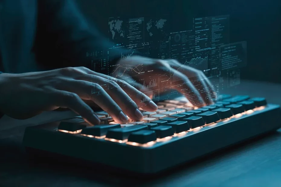 Mãos digitando em um teclado iluminado com gráficos holográficos de dados e tecnologia flutuando sobre a tela.