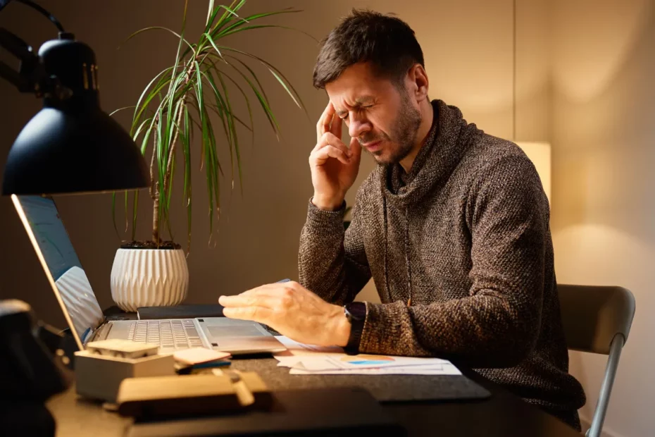 Homem sentado à mesa de trabalho com a mão na testa, cercado por papéis e notebook aberto.