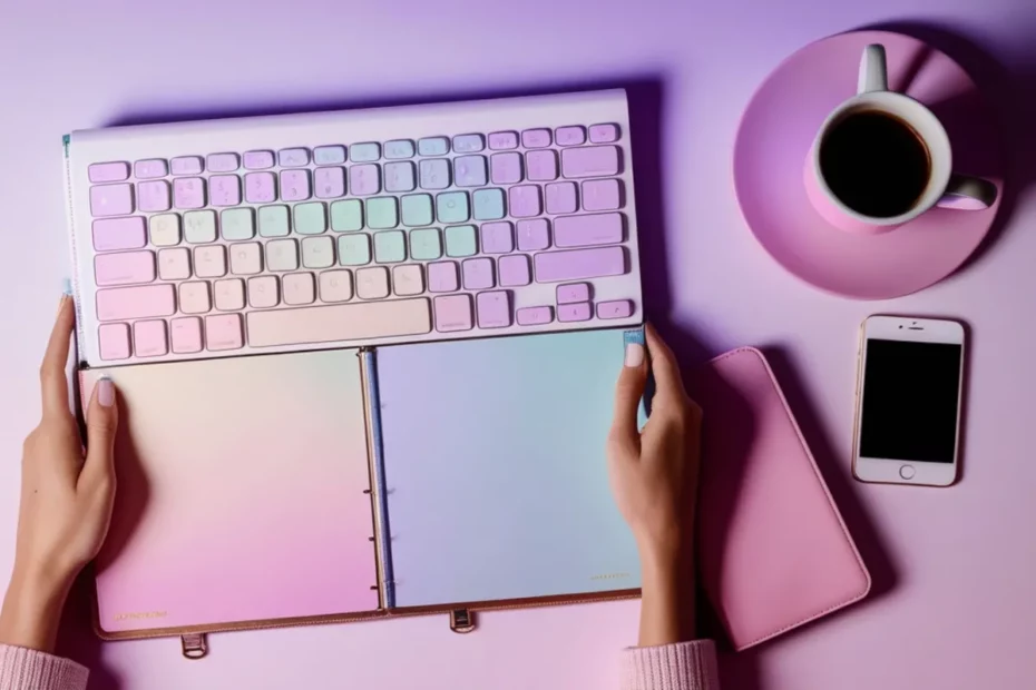 Teclado branco conectado a tablet e smartphone sobre mesa com xícara de café.