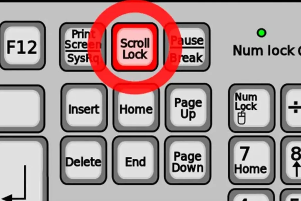Ilustração de um teclado destacando a tecla Scroll Lock circulada em vermelho entre as teclas Print Screen e Pause.